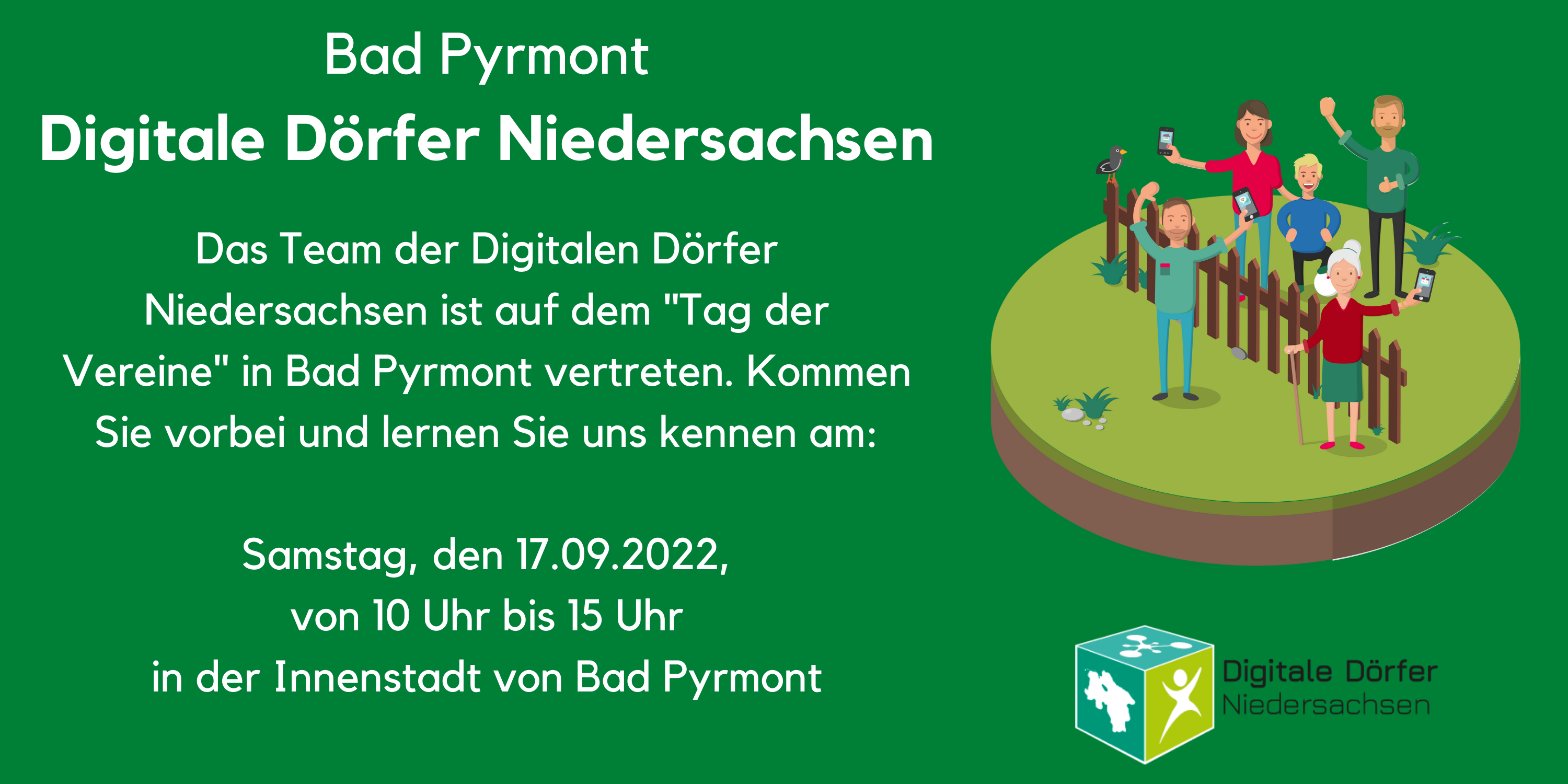 Das Team der Digitalen Dörfer Niedersachsen ist auf dem Tag der Vereine in Bad Pyrmont am 17. September von 10 bis 15 Uhr vertreten.