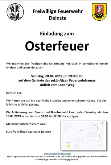 Einladung zum Osterfeuer in Deinste am 08. April 2023 um 19:00 Uhr.