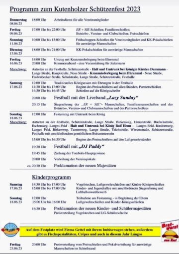 Programm zum Kutenholzer Schützenfest 2023