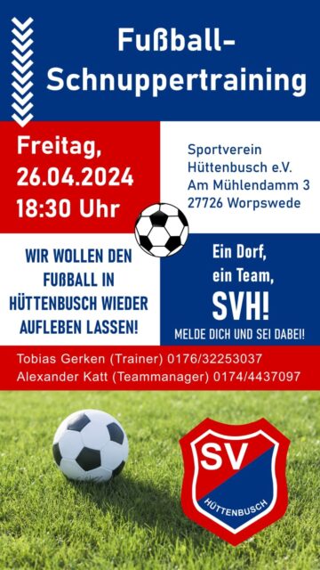 Werbe-Plakat für Fußball-Schnuppertraining des SV Hüttenbusch am 26. April 2024